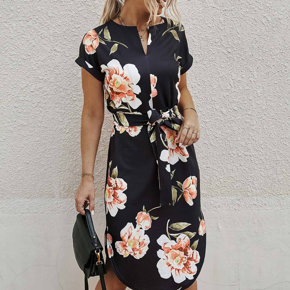 New Notched Neck Floral Print Belted Dress Black